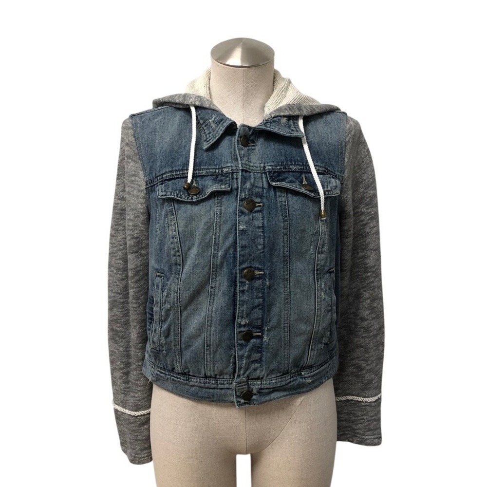 Free People Denim Jacket Womens Small Blue Grey Hooded Mixed Media Distressed - Picture 1 of 11